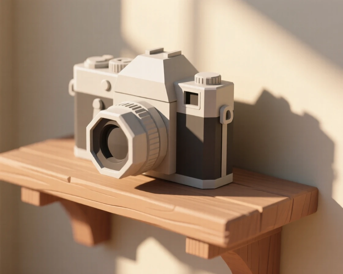 An antique camera resting on a wooden shelf, in a cozy, sunlit corner. the composition uses a balanced, classic still-life arrangement. The mood is warm and sentimental.