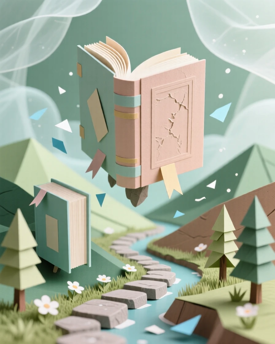 A path of giant stepping-stone books floating gently above a quiet valley, with a dreamlike glow surrounding the scene, capturing quiet, enchanting mystery.