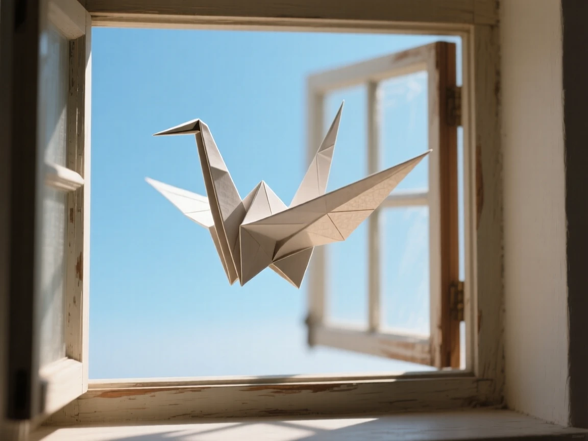 A single paper crane unfolding itself and taking flight into an open window.