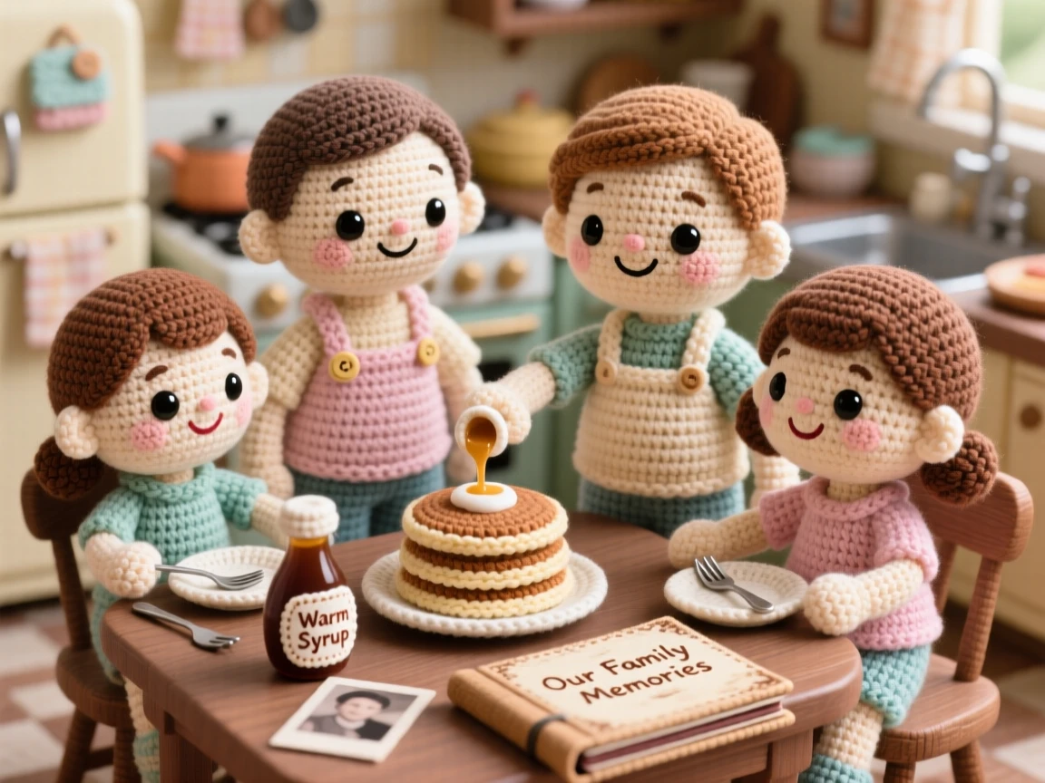a family gathered for a quiet Sunday morning breakfast, sharing pancakes and warm syrup, laughing together over a favorite story, in a bustling family kitchen on a weekend morning, with a worn but beloved family photo album, radiating deep, unconditional love and togetherness.
