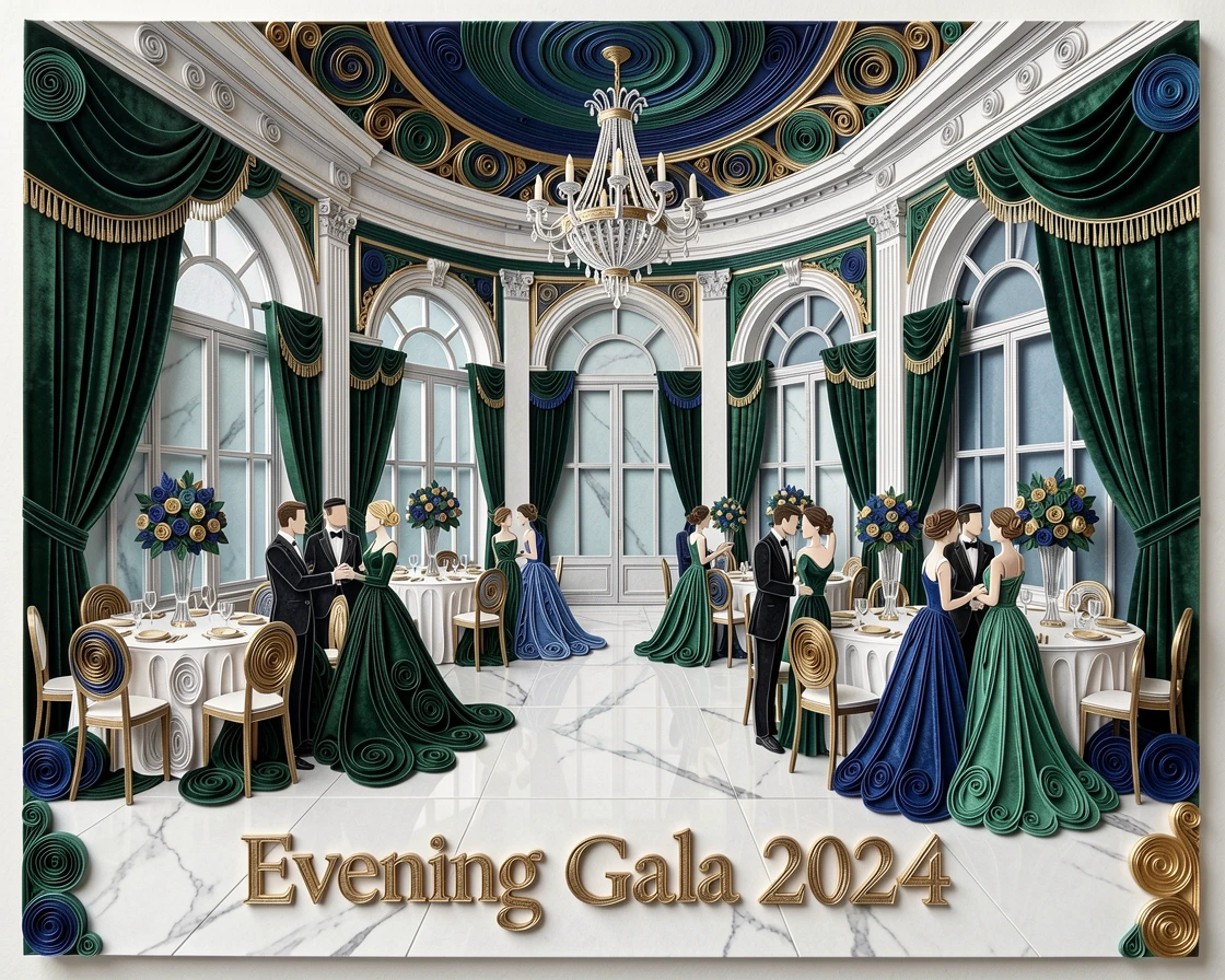 A sophisticated luxury scene of a grand ballroom set for an elegant evening gala in a sophisticated penthouse suite, in deep jewel tones of emerald and sapphire, framed with a clean, minimal, high-end aesthetic.