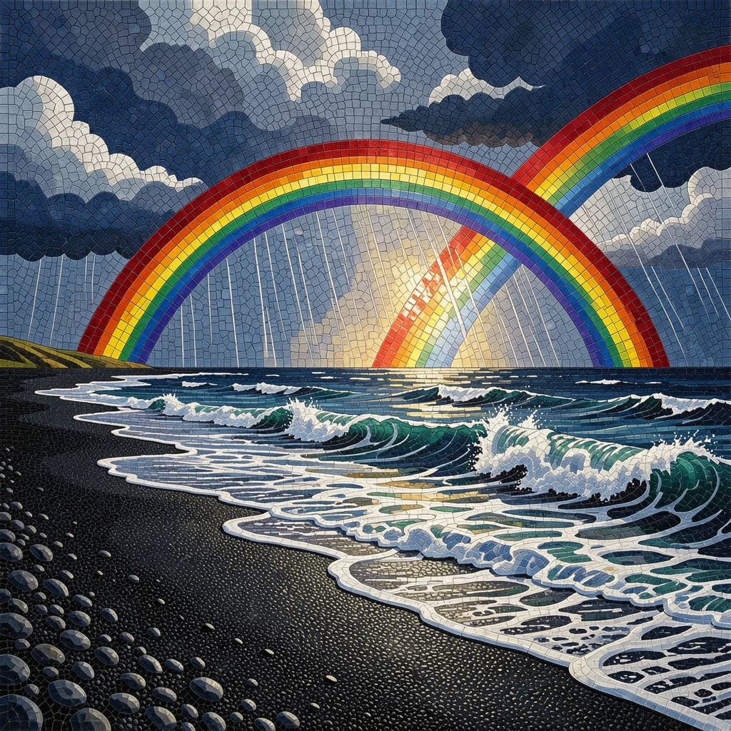 A volcanic black sand beach with dramatic crashing waves, illuminated by a dramatic double rainbow after rain.