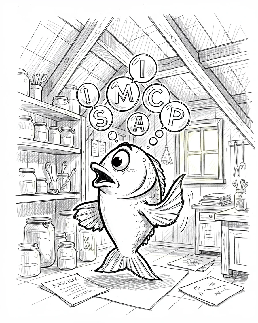 A fish blowing bubbles that spell out a message in a cozy attic workshop.