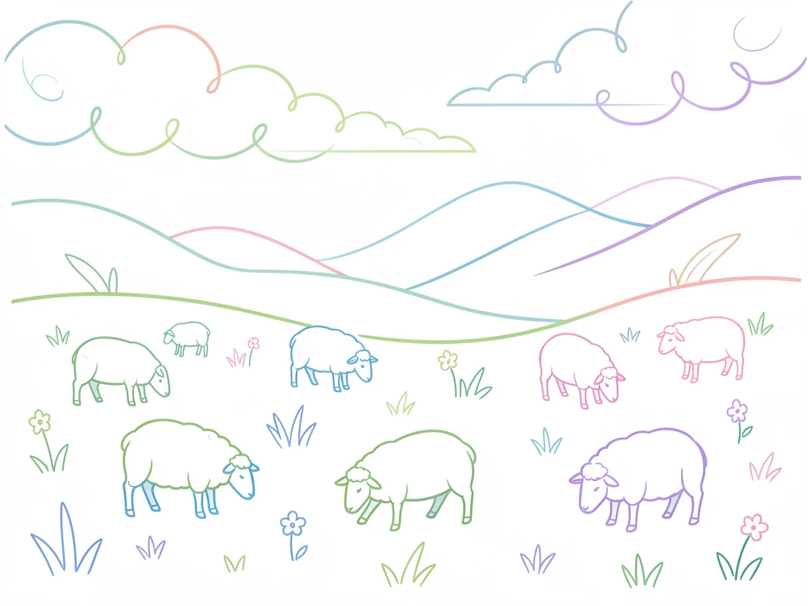 A quiet mountain meadow dotted with grazing sheep beneath drifting clouds.