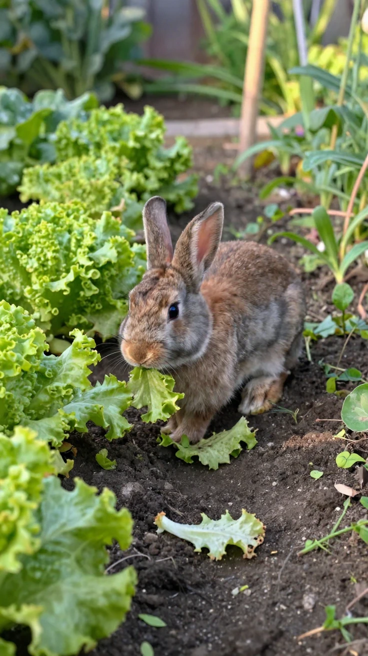 A rabbit hops through a vegetable garden nibbling on fallen lettuce leaves.