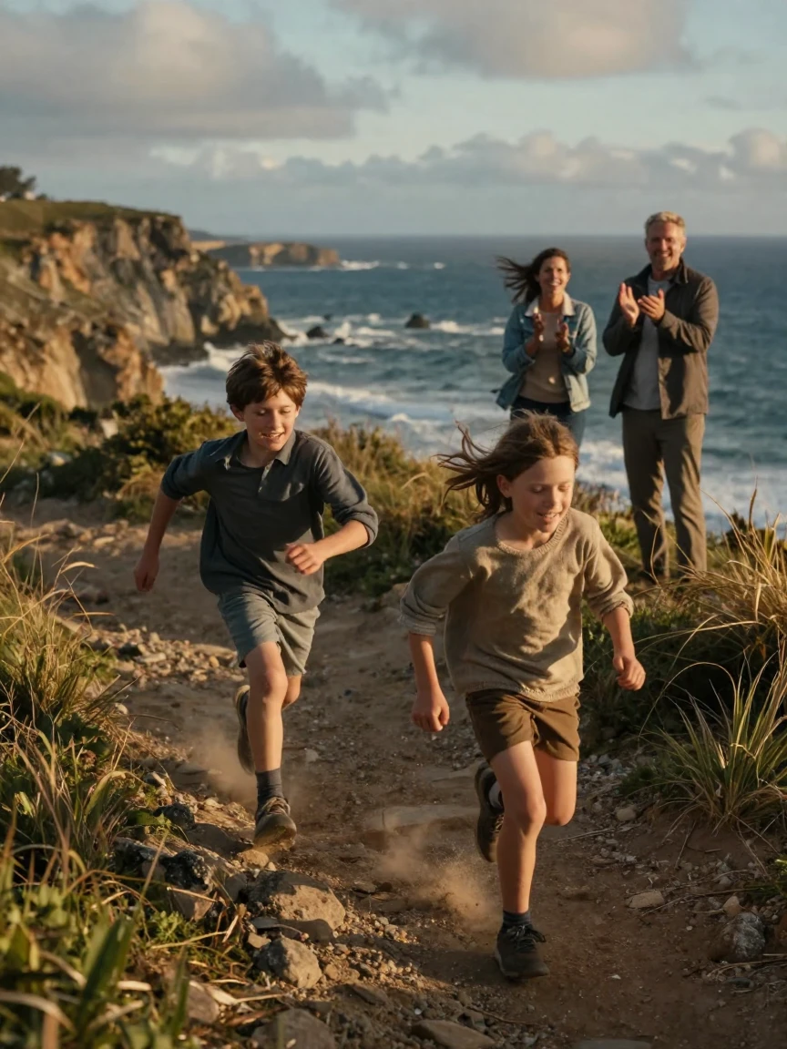 Siblings racing each other on a windswept coastal cliff while their parents watch and cheer