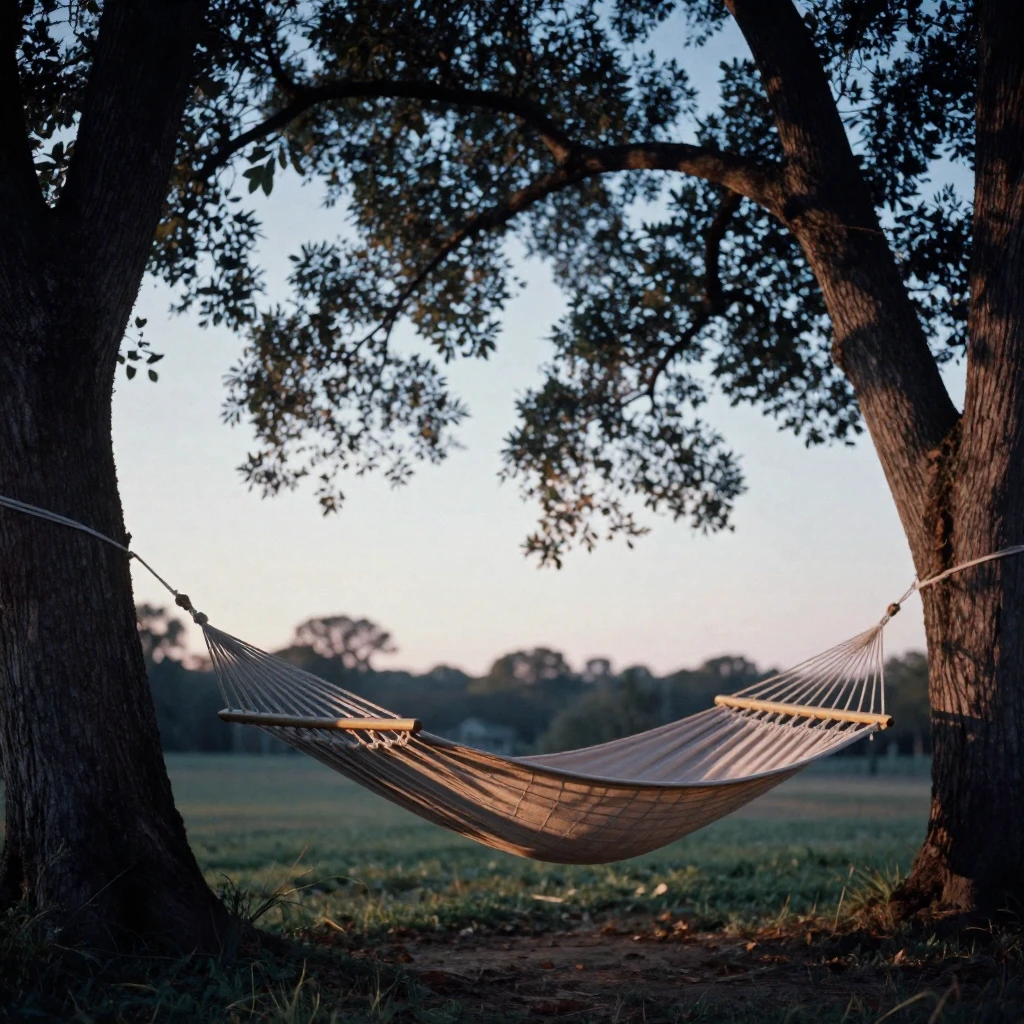 A hammock strung between two trees in a shaded backyard, in the last light of dusk, on a clear, cloudless day, in summer, in cool blues and silvery greys, captured from a low angle looking up.