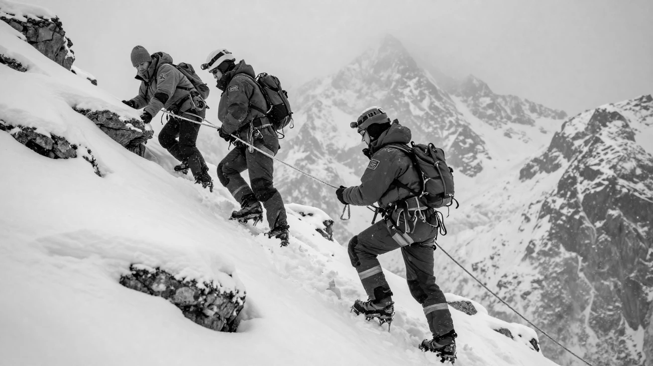 A search and rescue team climbs toward a stranded hiker on a snow-covered mountainside.
