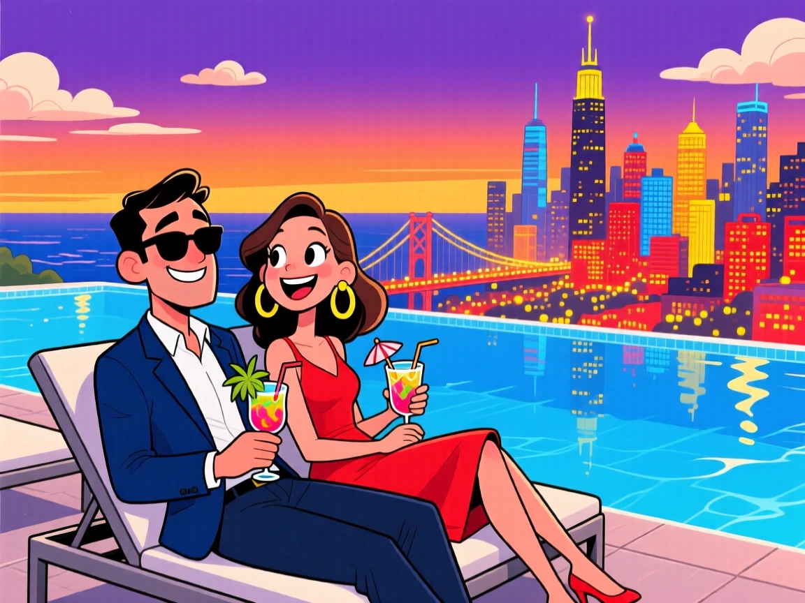 An aspirational lifestyle scene of a well-dressed couple relaxing beside an infinity pool overlooking the ocean, as the city skyline glitters below.