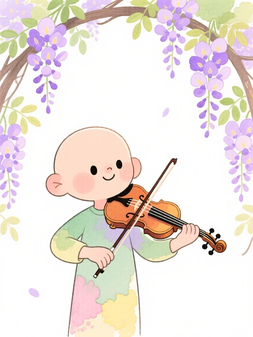 A dreamy portrait of a violinist playing beneath a blossoming wisteria arch