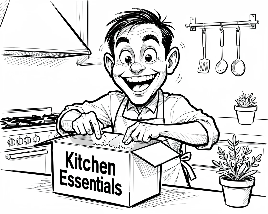 [Trending & Universal Topics] Modern lifestyle scene of an energetic weekend chef unboxing a much-anticipated package, capturing everyday joy