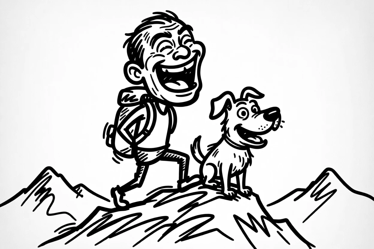 A hiker and their dog reaching a mountain summit together, both looking triumphant.