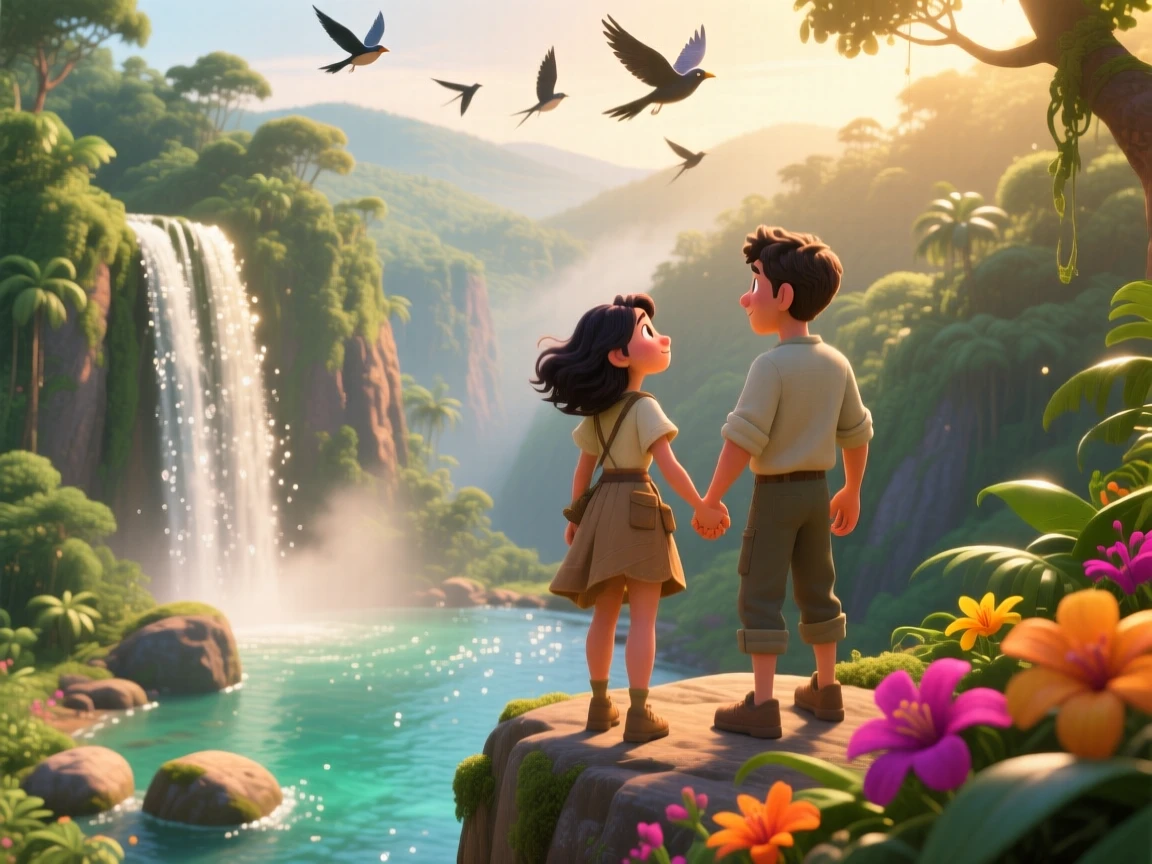 A couple holding hands stands beside a waterfall cascading into a jungle pool, taking in the sweeping view below. The mood is adventurous, peaceful, and awe-inspiring, with distant birds gliding on the breeze.