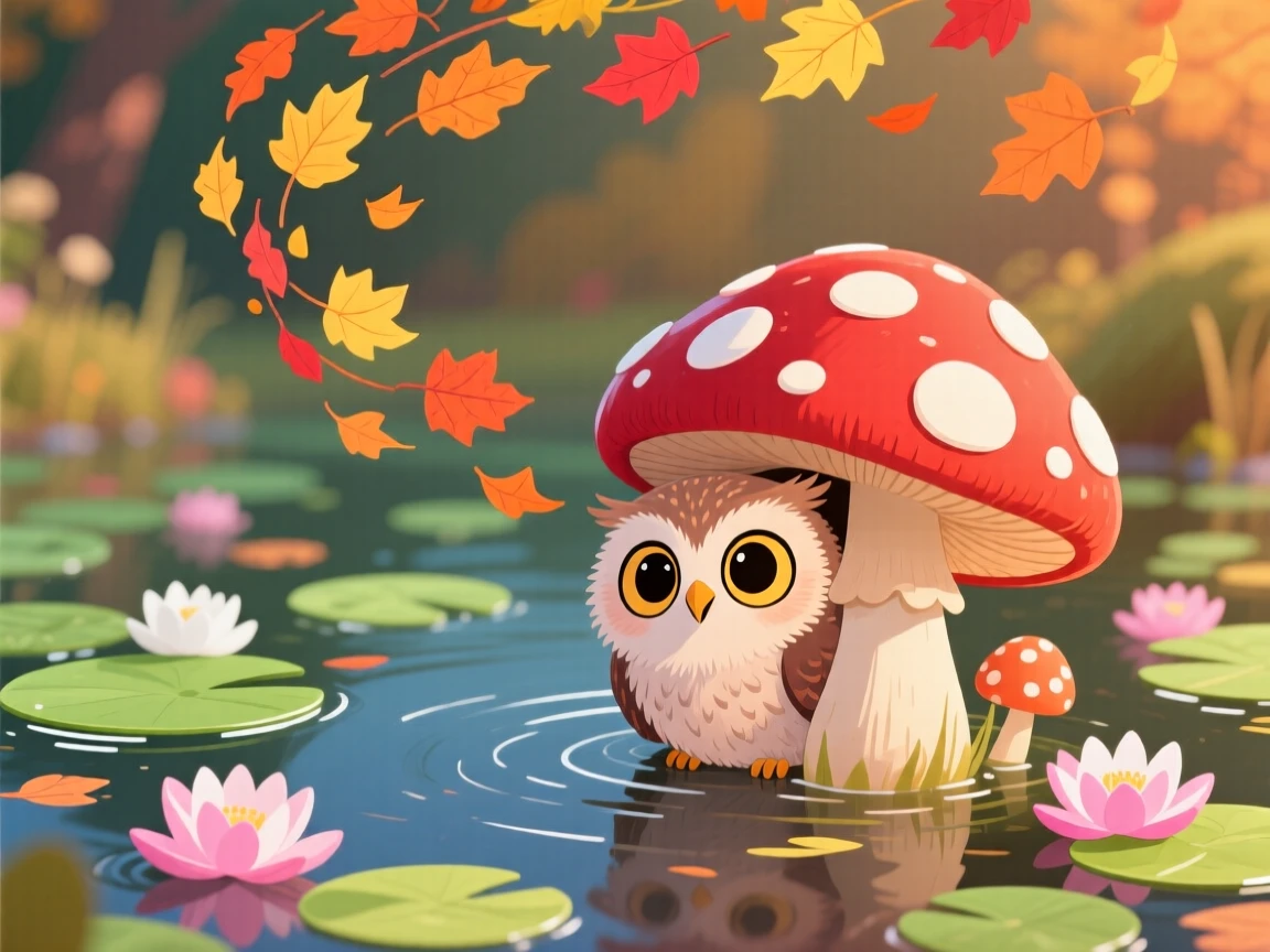 A wide-eyed owlet pauses from peeking out from behind a mushroom to look up in a lily-covered pond, with a trail of fallen leaves swirling around.