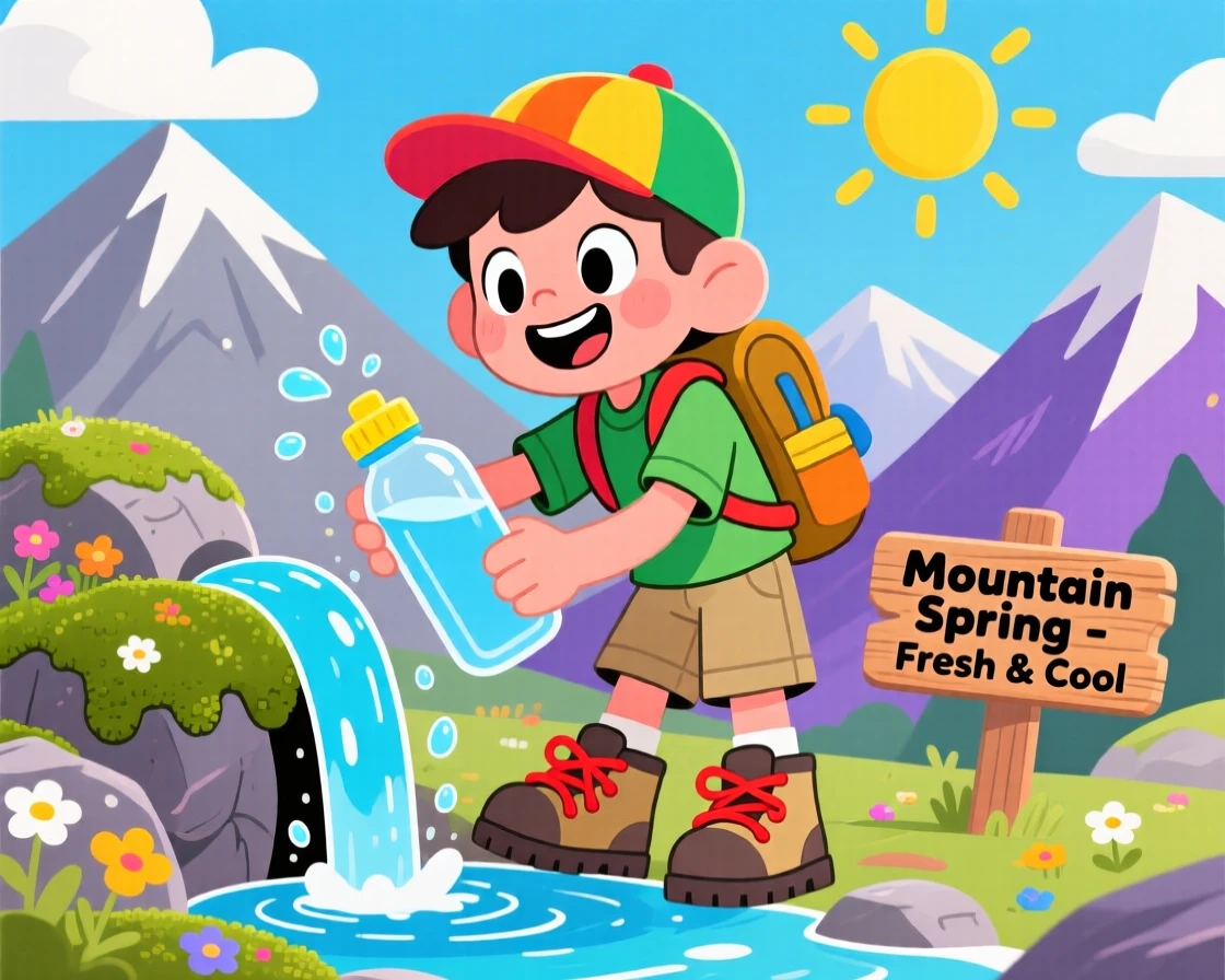 A young hiker filling a water bottle from a mountain spring.