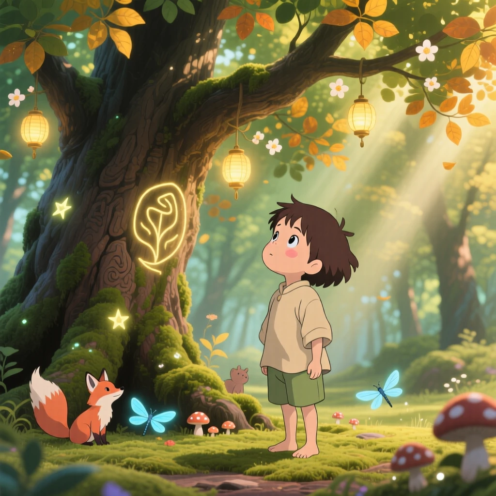 A tender moment of a child looking up in wonder at a giant, ancient tree, the scene deeply heartfelt.