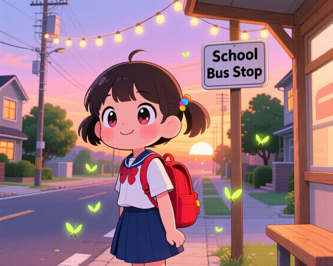 A young girl waiting for the school bus with a backpack, framed as an extreme close-up within a quiet suburban street at sunrise, as fireflies begin to glow at dusk, glowing under glowing string lights, evoking bubbly enthusiasm.