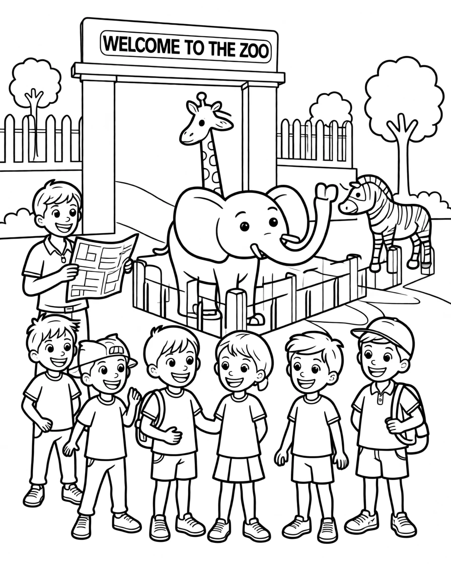 A school field trip to a local zoo with excited children
