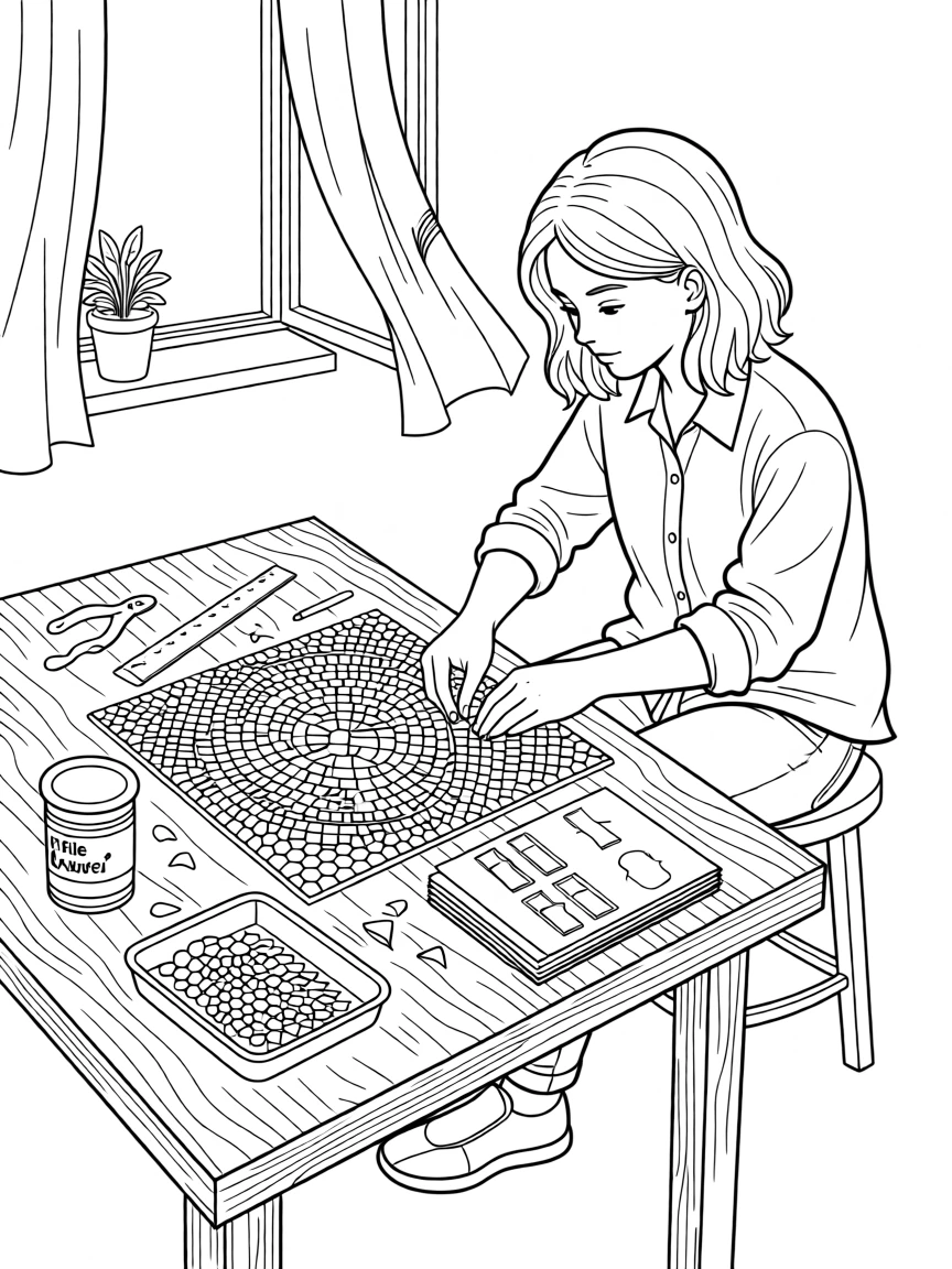 A mosaic tile pattern being assembled piece by piece, with tools and supplies scattered nearby.