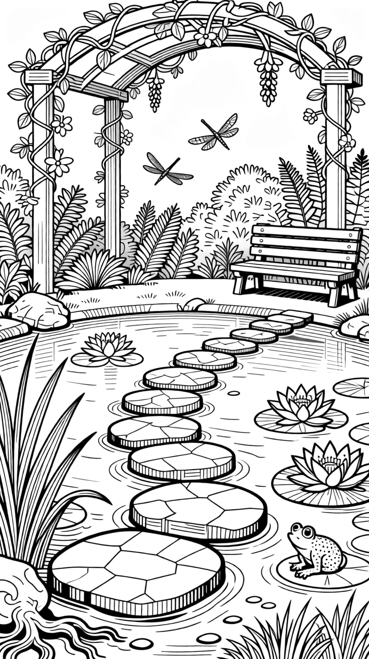 A single trail of stepping stones crossing a quiet garden pond.