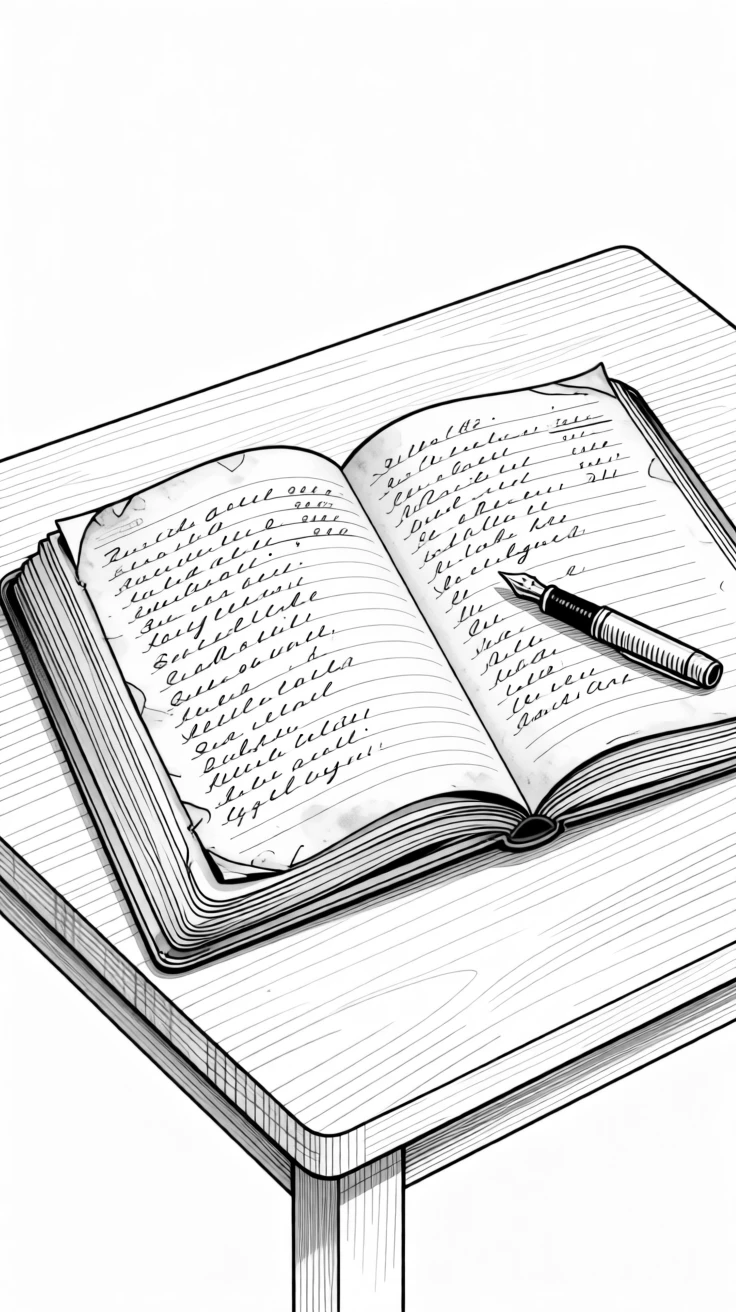 A weathered lighthouse keeper's log open on a wooden desk