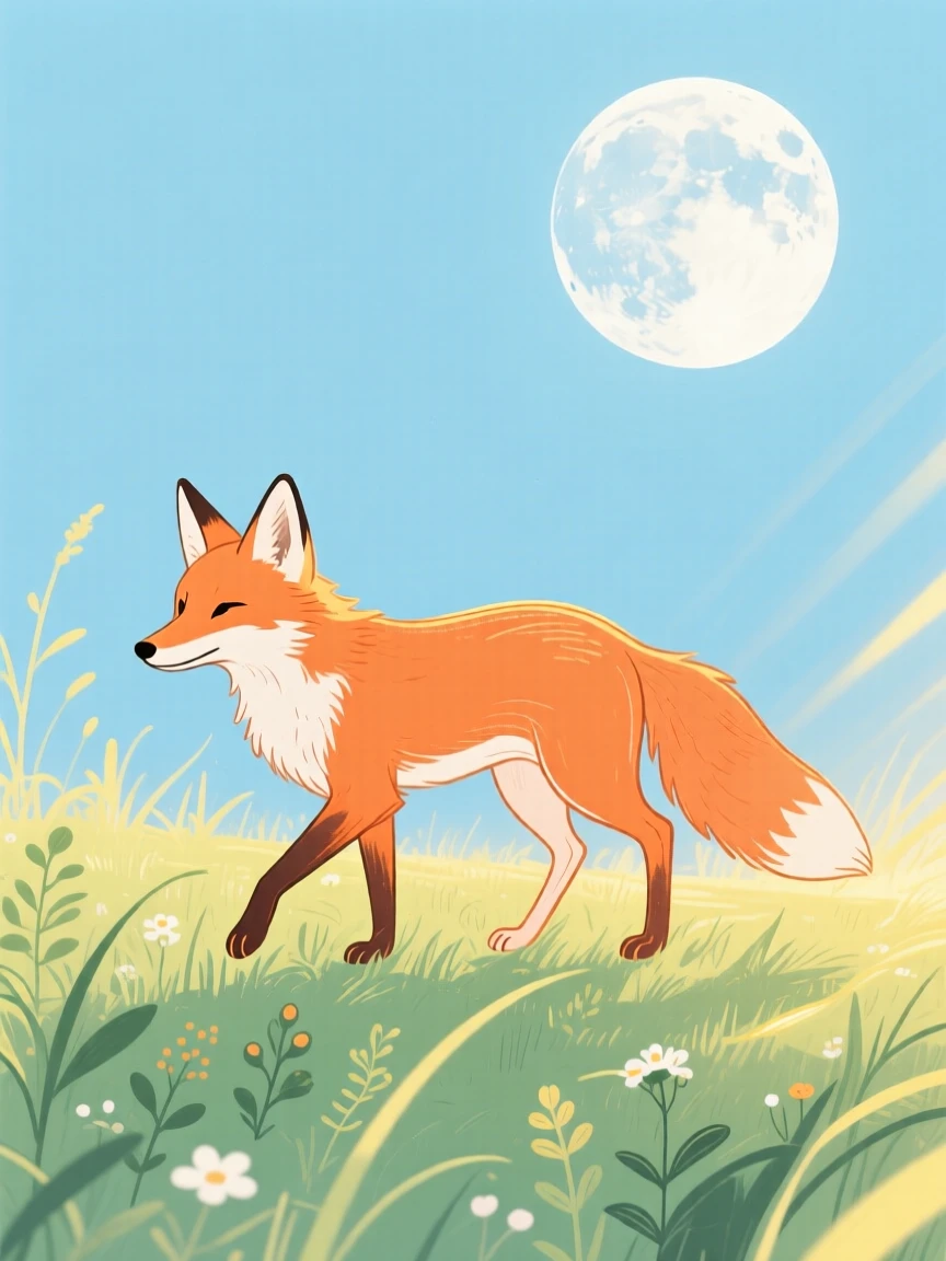 A curious fox exploring in a sunlit meadow under a full moon.