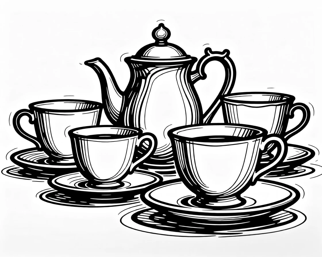 A collection of vintage tea cups and saucers arranged in an elegant row.
