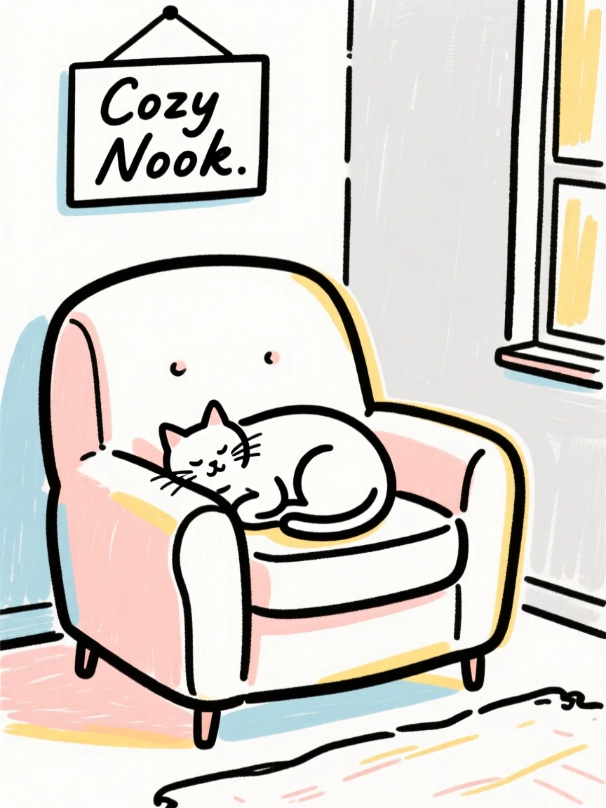A cozy reading corner with a cat curled up on a soft armchair.