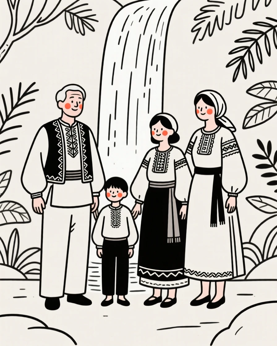 Four generations of one family wearing a Greek folk costume, by a waterfall in the jungle.