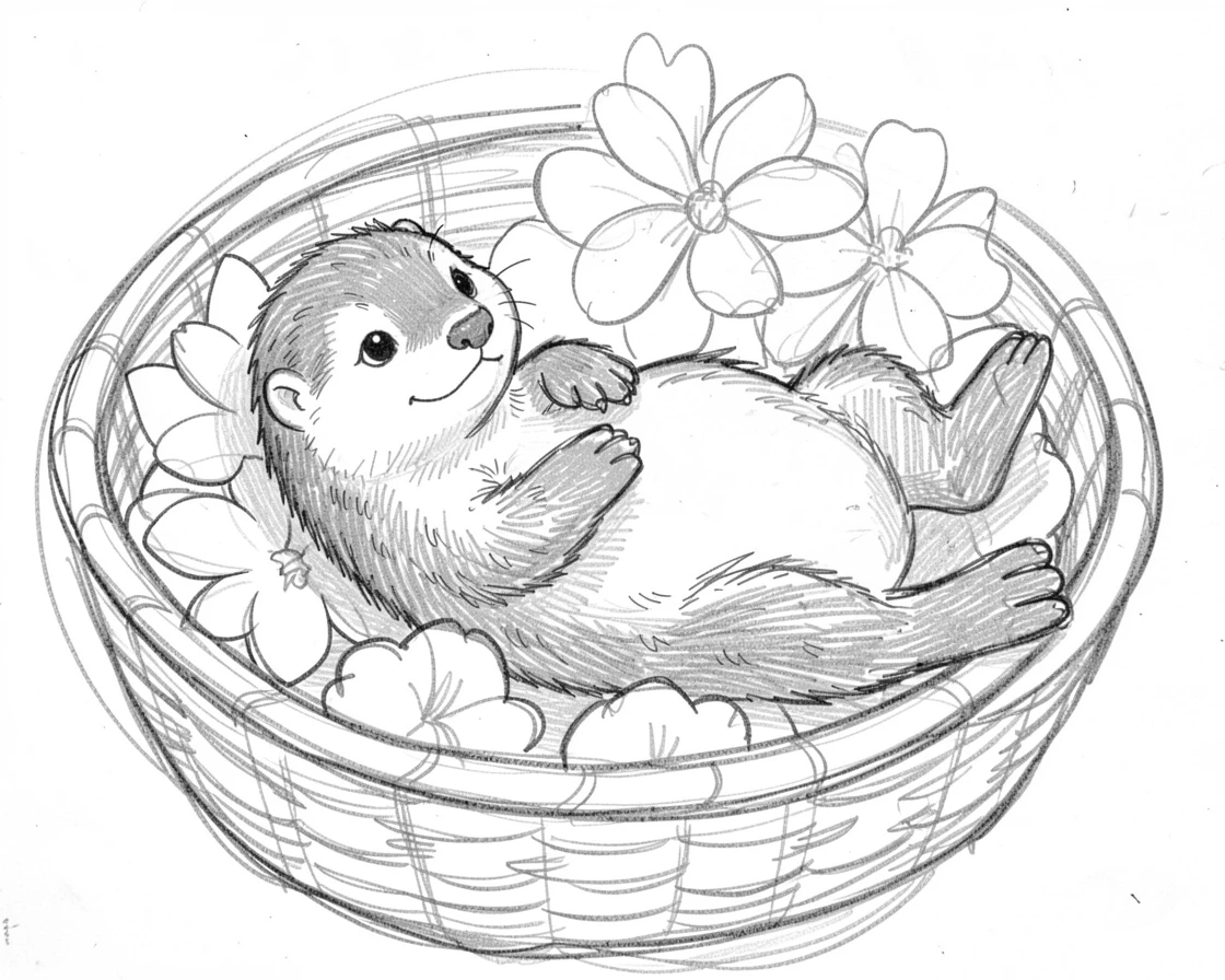 A charming close-up of a baby otter floating on its back in a basket of soft flowers, with tiny paws tucked in close.