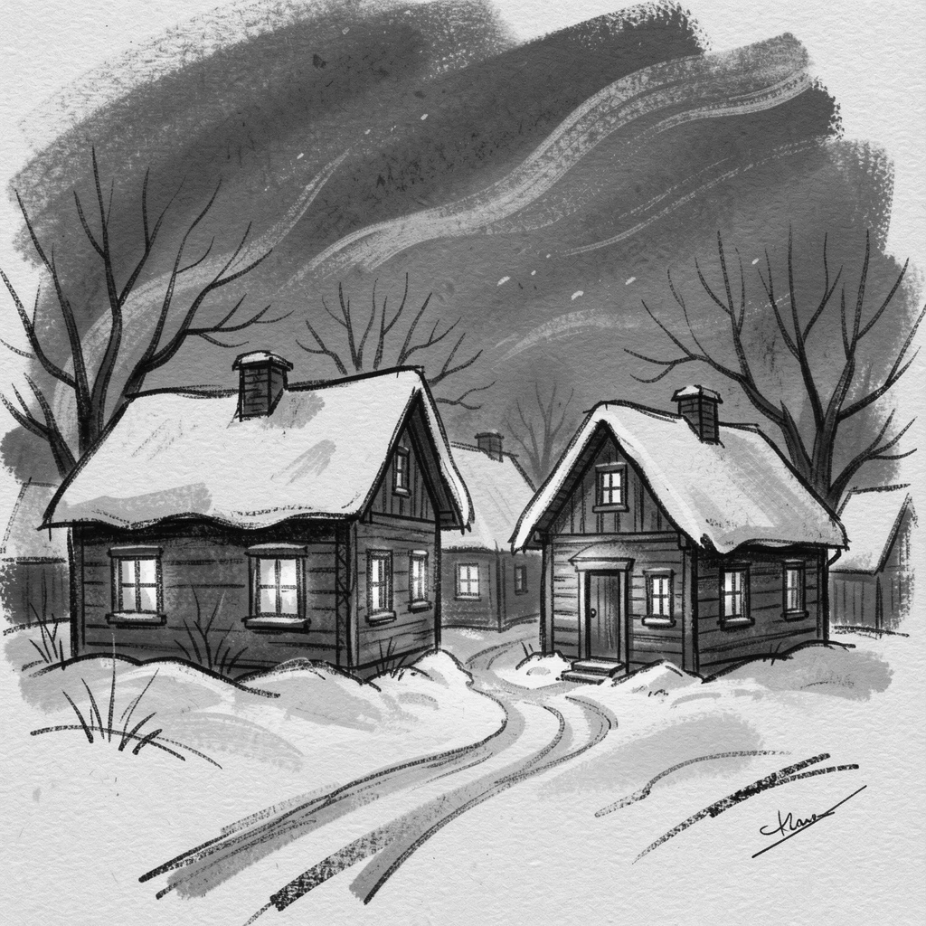A quiet snow-covered village with warm lights in every window, with a light breeze stirring the surroundings.