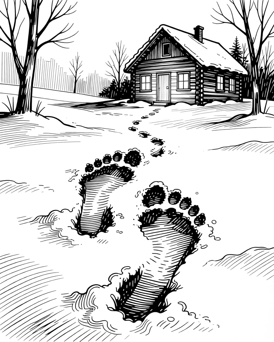 A pair of footprints leading through freshly fallen snow toward a warm glowing cabin.