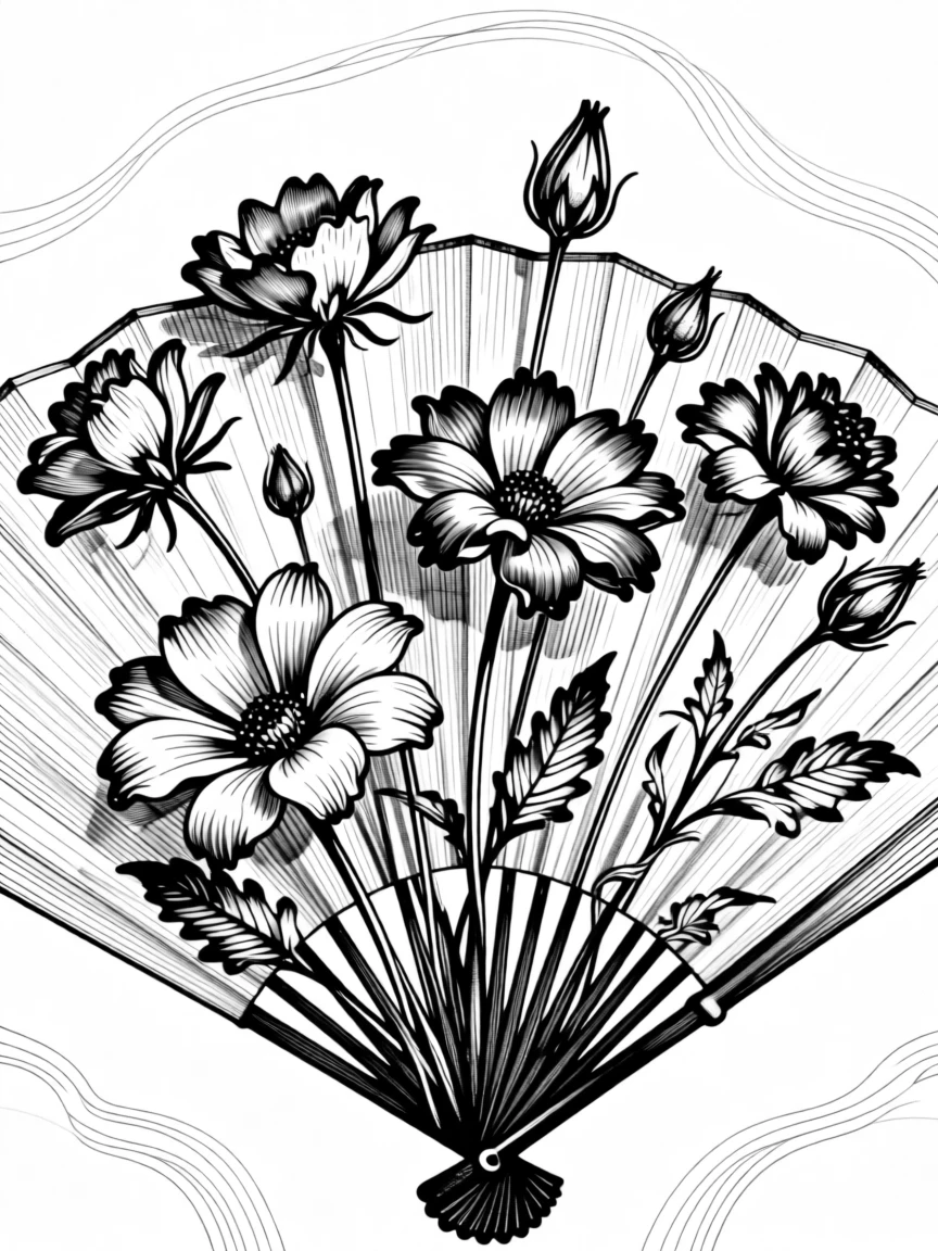 A fan-shaped arrangement of dried flowers arranged to draw the eye toward the center, with a harmonious balance of positive and negative space, forming a richly ornamental decorative composition.