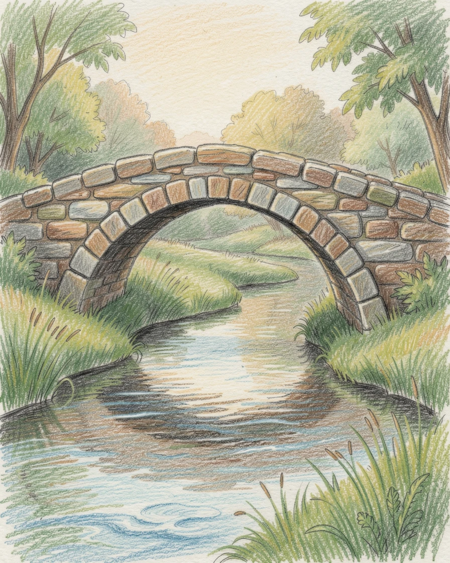 A rural stone bridge arching over a slow, winding creek, set against a softly lit, atmospheric backdrop, celebrating a moment people would love to revisit.