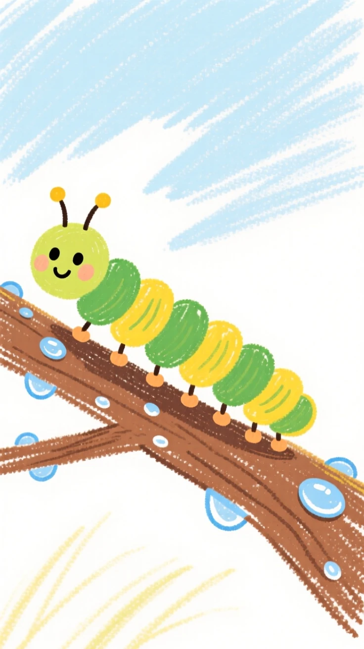 A caterpillar inching along a dew covered branch.
