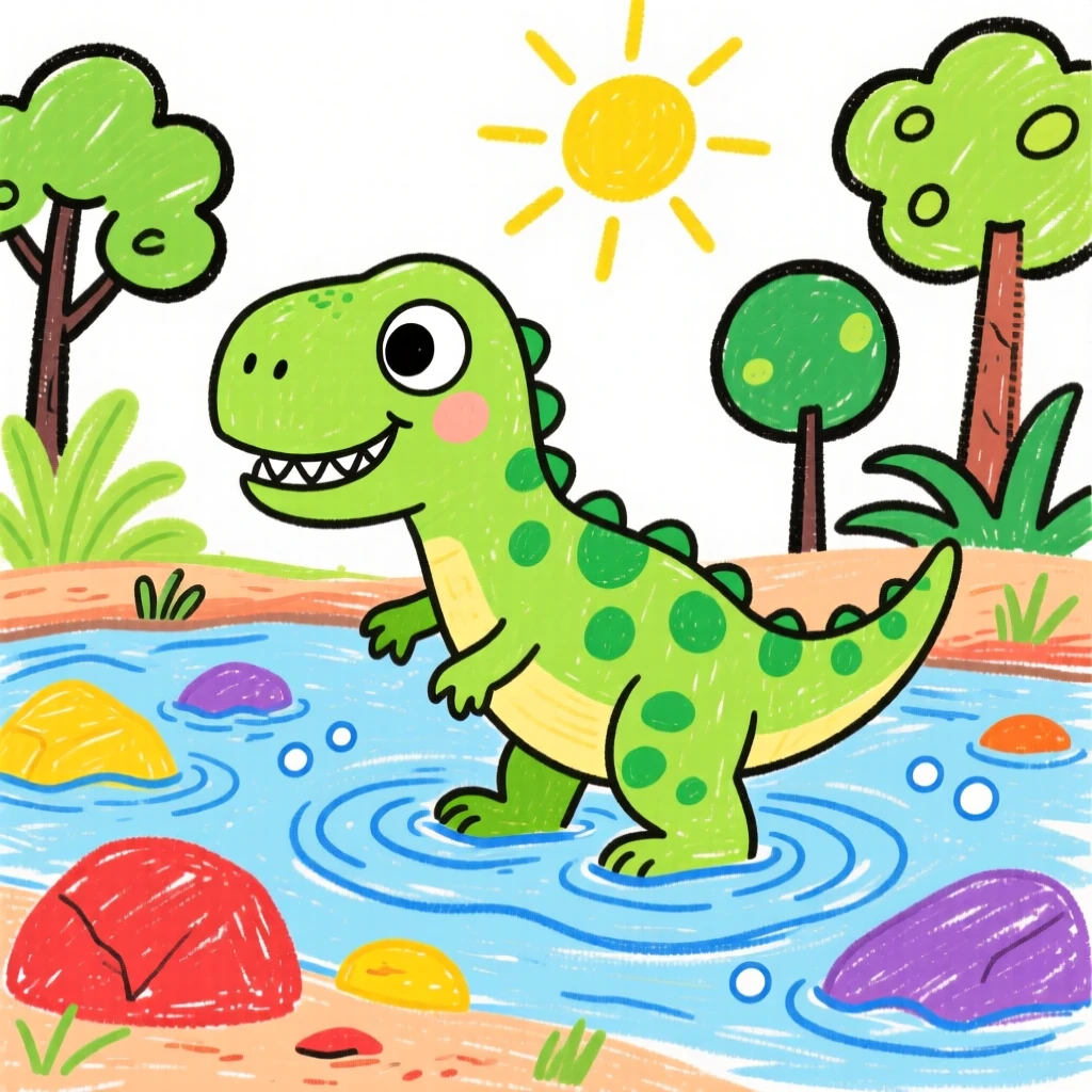 A curious baby velociraptor wading through a shallow prehistoric river.