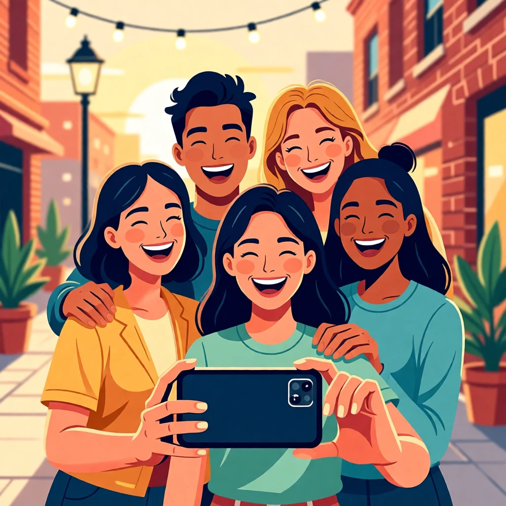 A group of friends taking a joyful photo booth picture together, surrounded by soft golden evening city light, framed to capture authentic everyday urban charm, with vibrant, trendy colors that feel fresh and current.