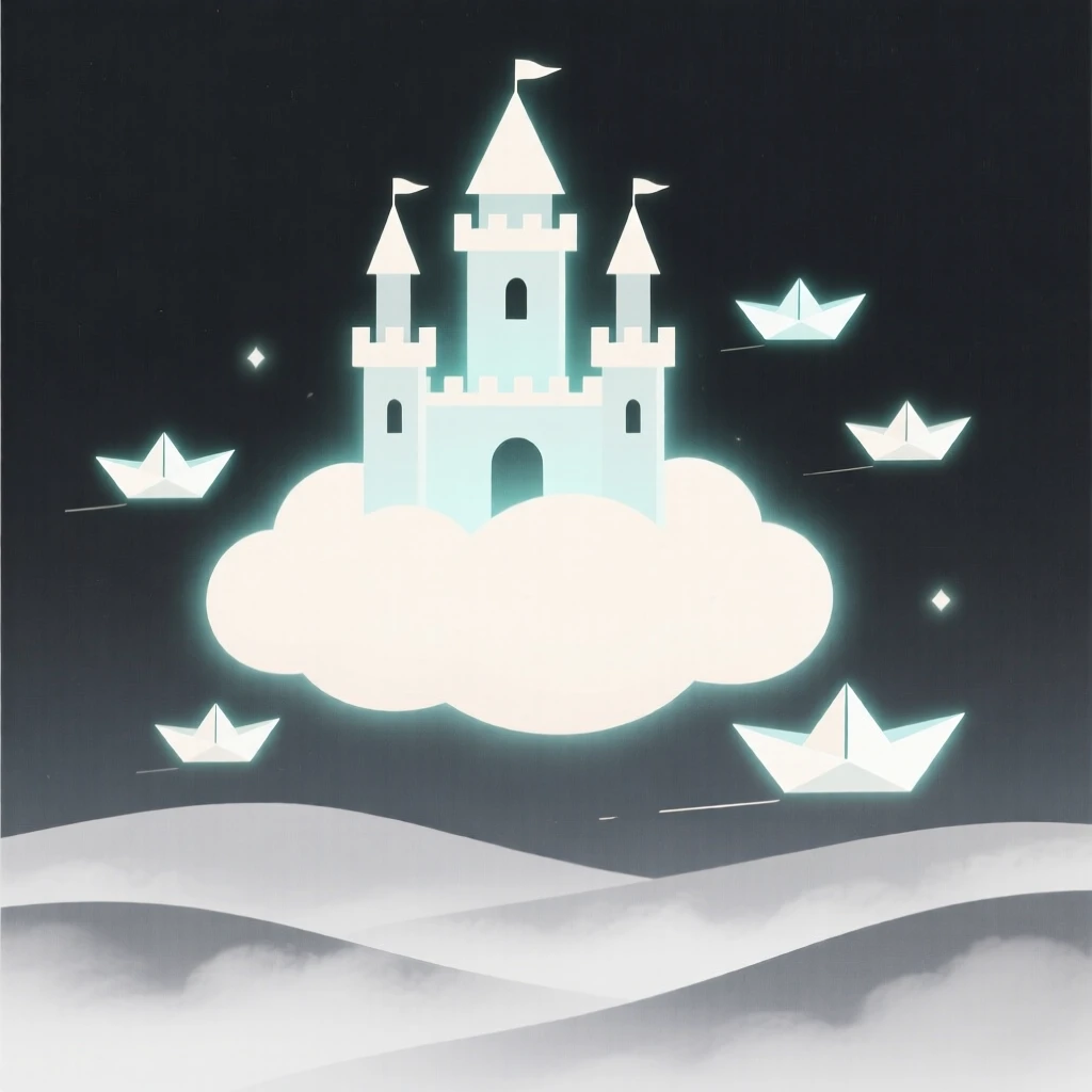A magical castle floating on a cloud nestled within a mist-covered valley, glowing near paper boats sailing on air, full of gentle magic.