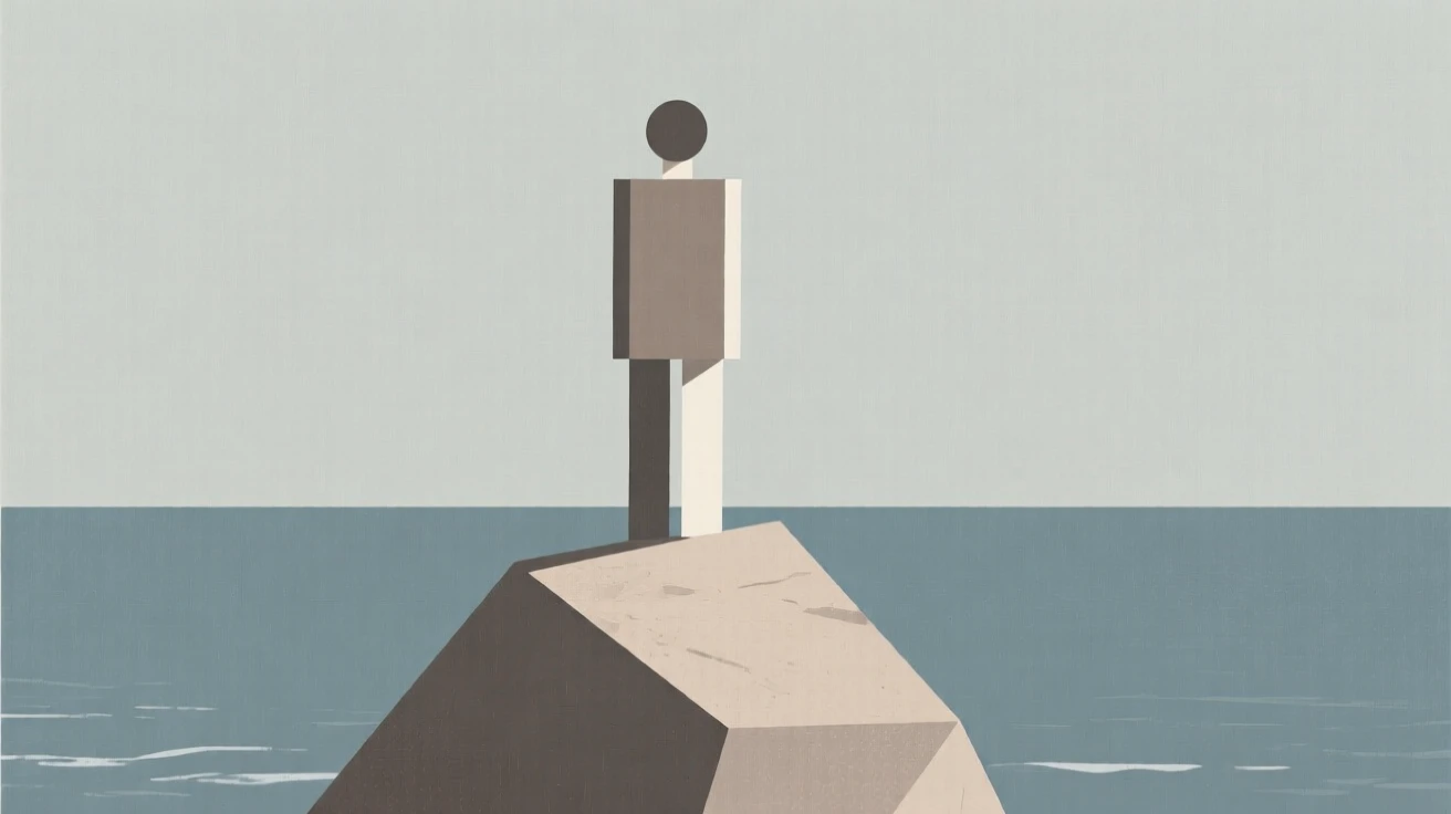 A person standing tall on a rock overlooking the sea
