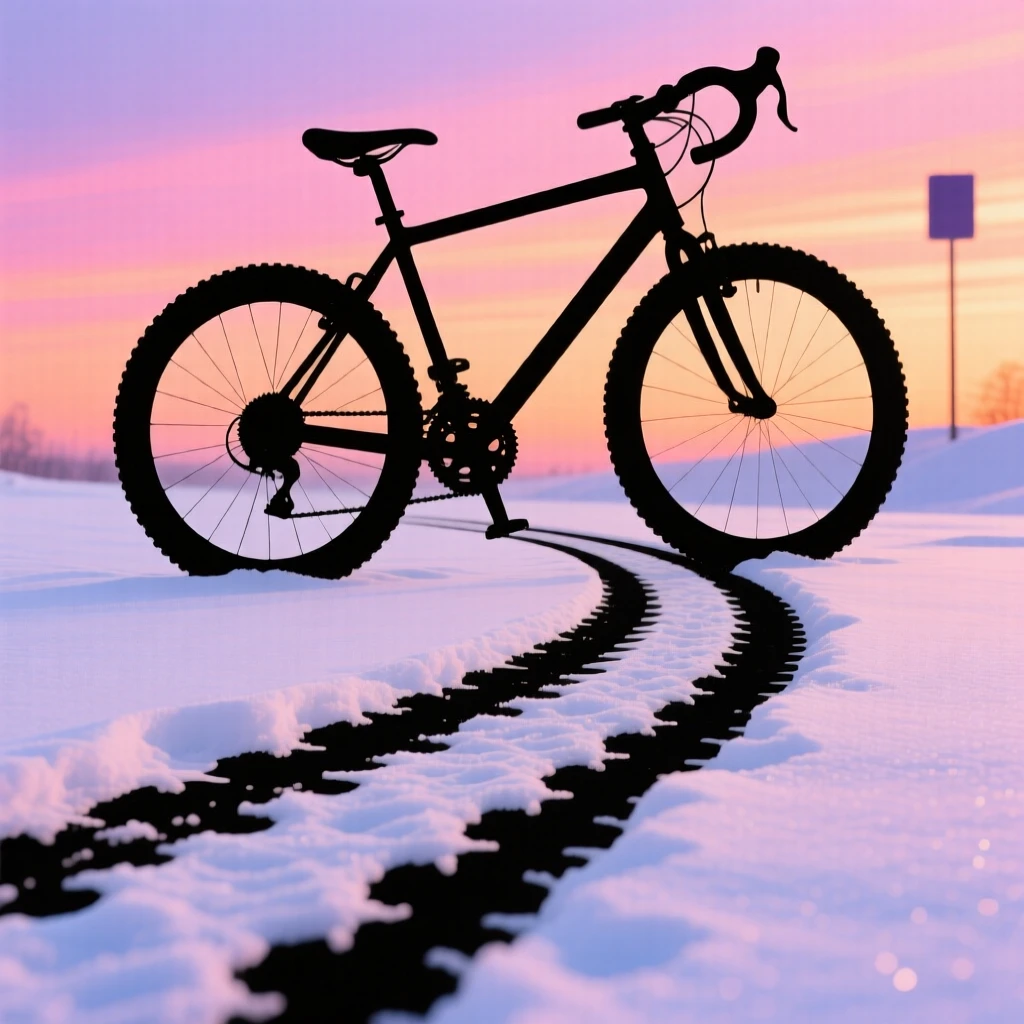 A single set of bicycle tracks curving through fresh fallen snow.