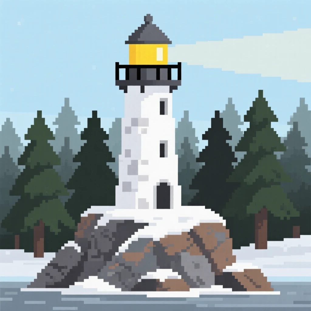 A lighthouse on a rocky point dusted with a light layer of fresh snow, at the edge of an ancient, quiet forest.