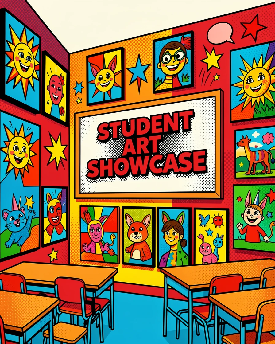 A classroom decorated with elaborate student artwork