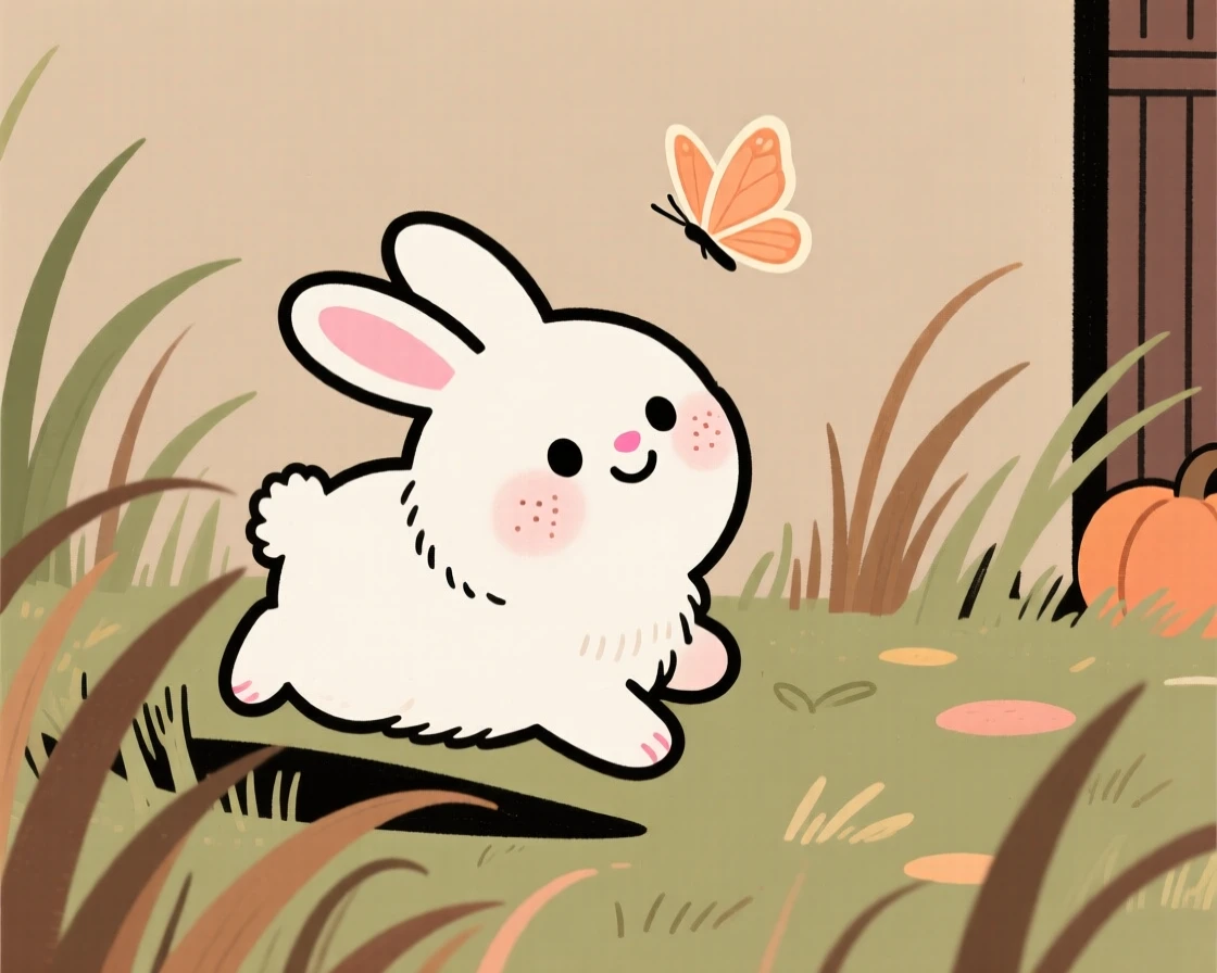 A round bunny hopping through tall grass in a quiet backyard, pausing to look up with curious, gentle eyes as a butterfly drifts past.