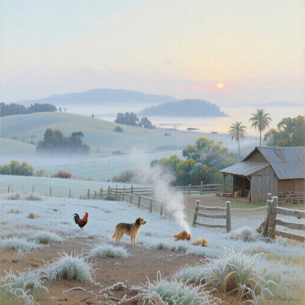 A grand panoramic scene of a frosty morning where breath mists in the cold air over a quiet farmyard, on a Pacific island, in late spring.