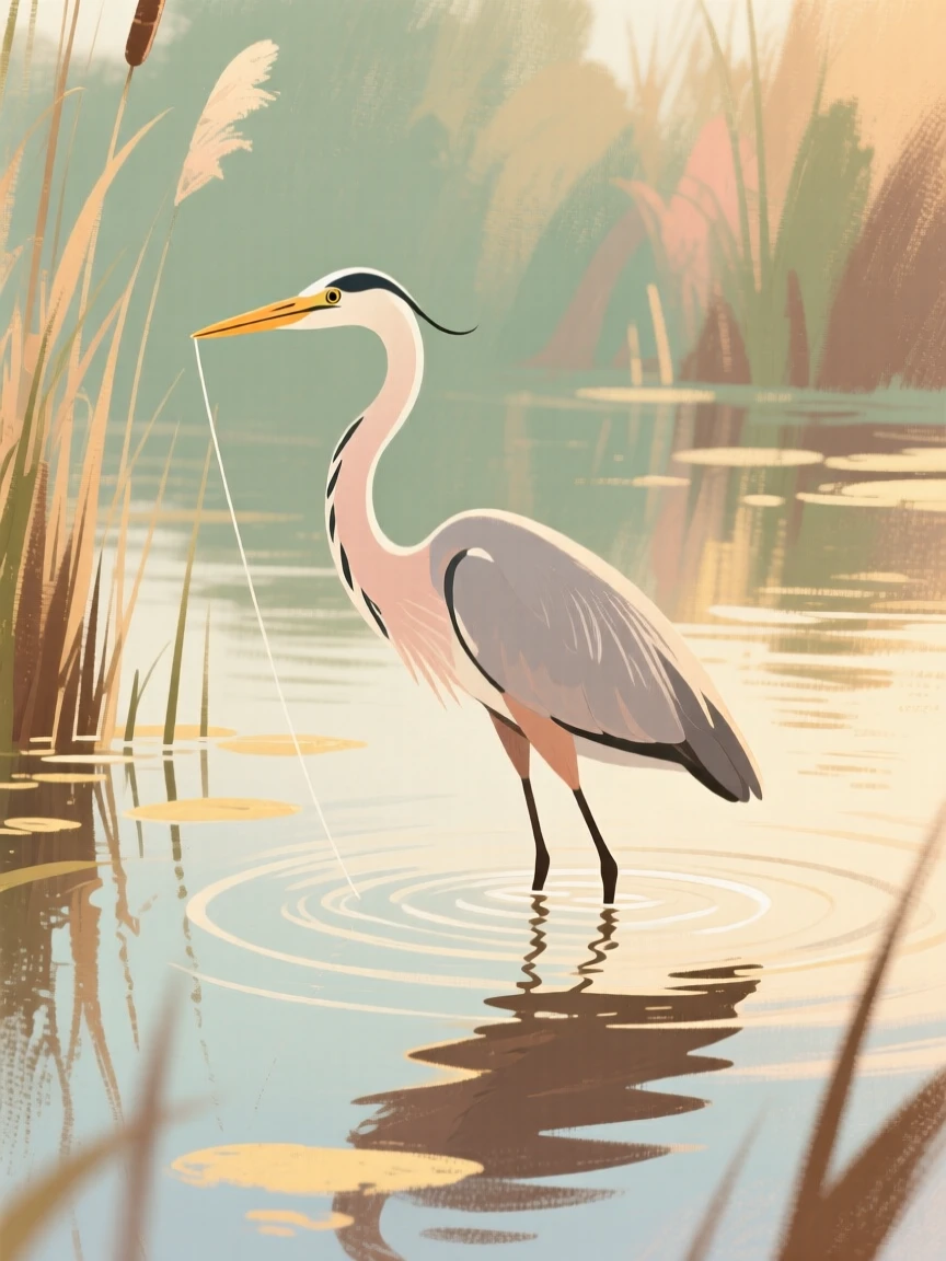 A heron fishing in the shallows of a quiet reed-lined pond