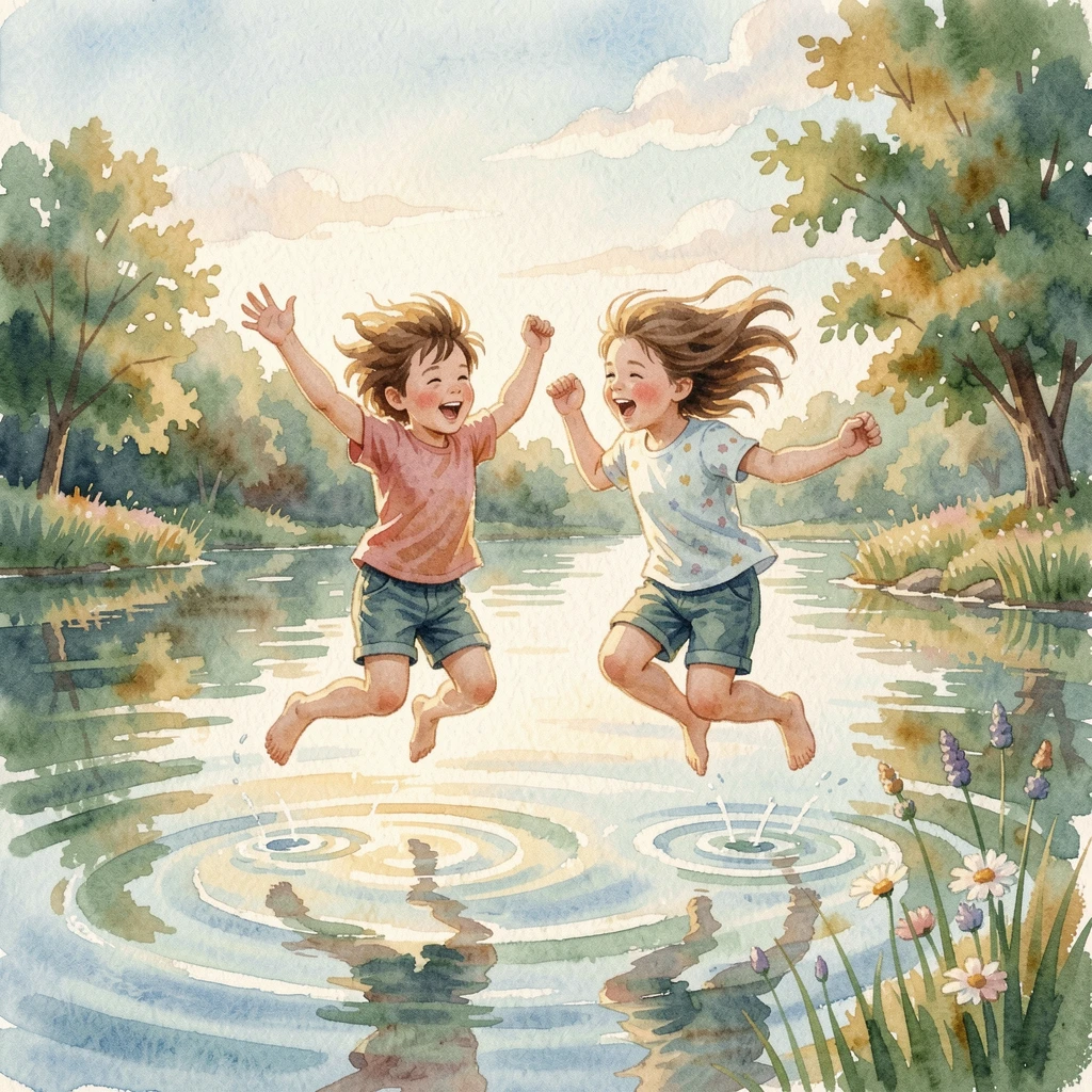 Siblings jumping into a lake on a hot summer day with a gentle breeze and soft afternoon light.