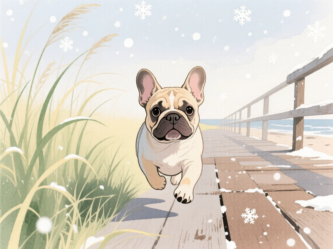 A French bulldog puppy hops through tall grass in a seaside boardwalk, with snowflakes drifting softly down