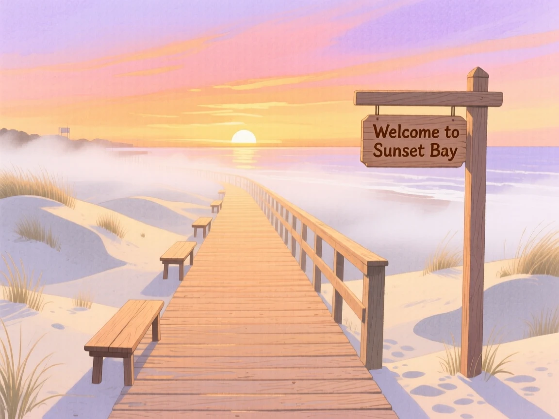 A coastal boardwalk at sunset bathed in warm light under a soft blanket of fog.