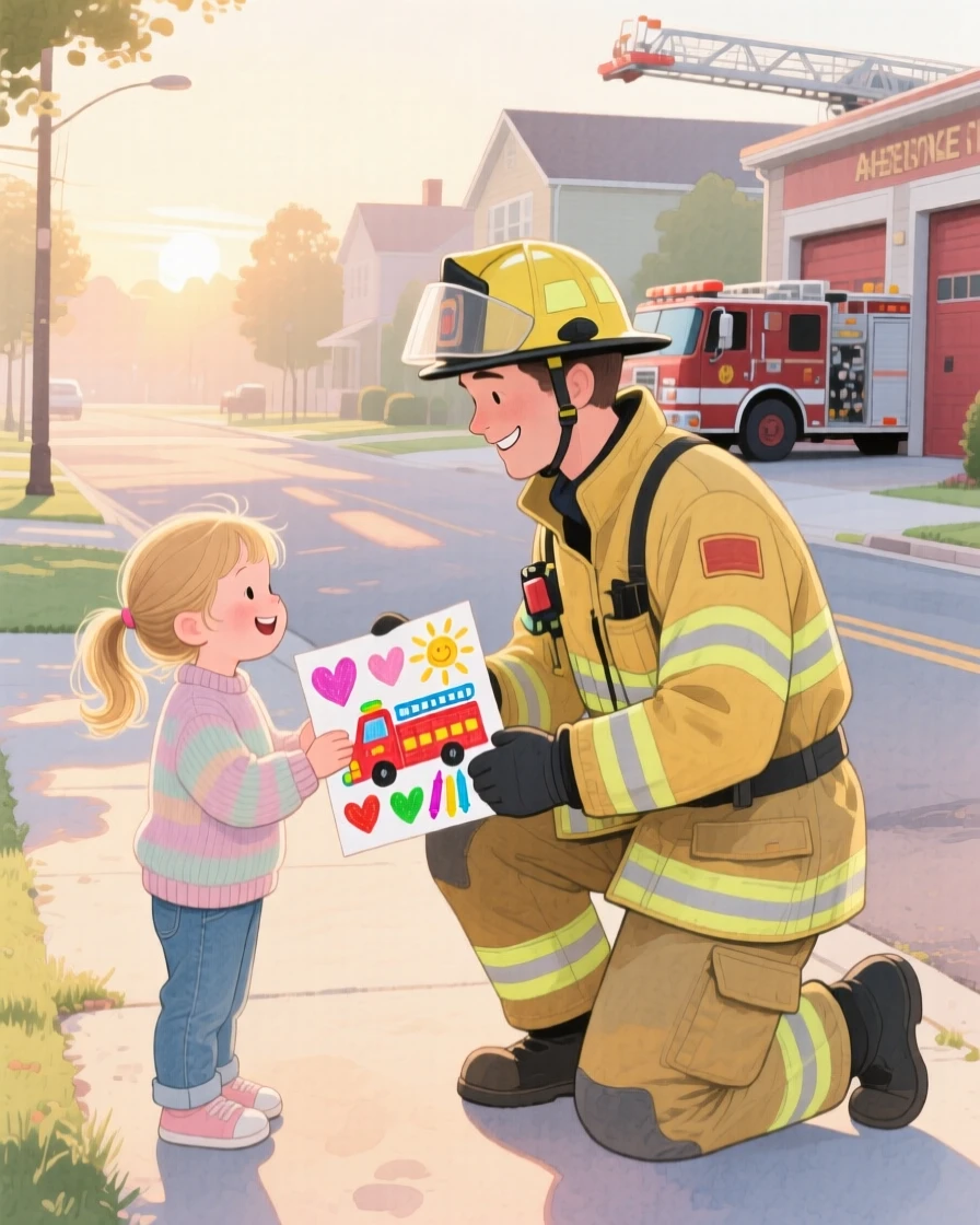 A little girl giving her handmade drawing to a firefighter as a thank-you, amid the quiet hush of an early morning, radiating kindness, hope, and heartfelt emotion.