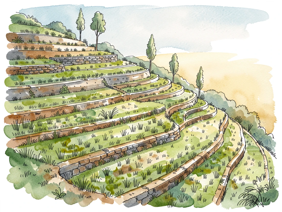 A patchwork of terraced farmland climbing a steep green hillside, the air still and cool with the promise of a new day.